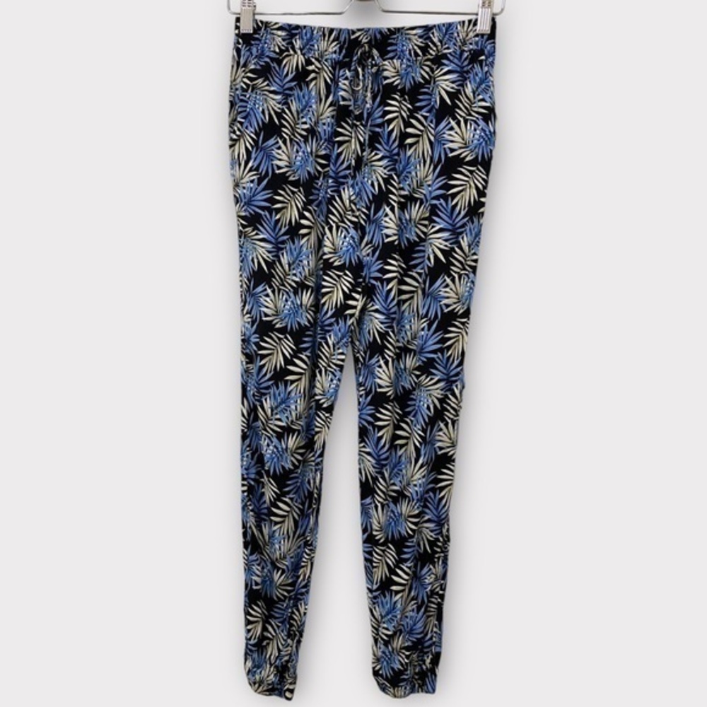 Shosho Blue Black & White Tropical Palm Leaf Print Jogger Pants Size Medium